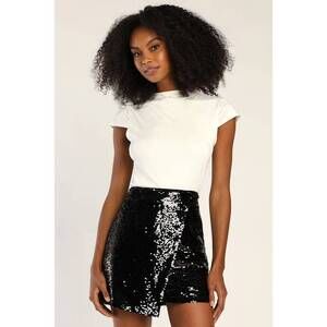 Lulus Dash Of Glam Black Sequin Faux Wrap Mini Skirt - Size XL